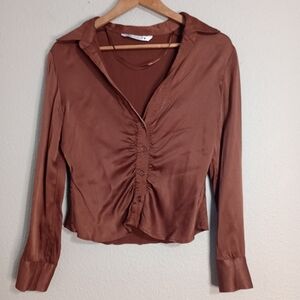 Zara Chocolate Brown Ruched Satin Shirt